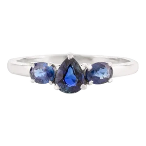 14k White Gold Three Stone Royal Blue Sapphire Ring Size 7