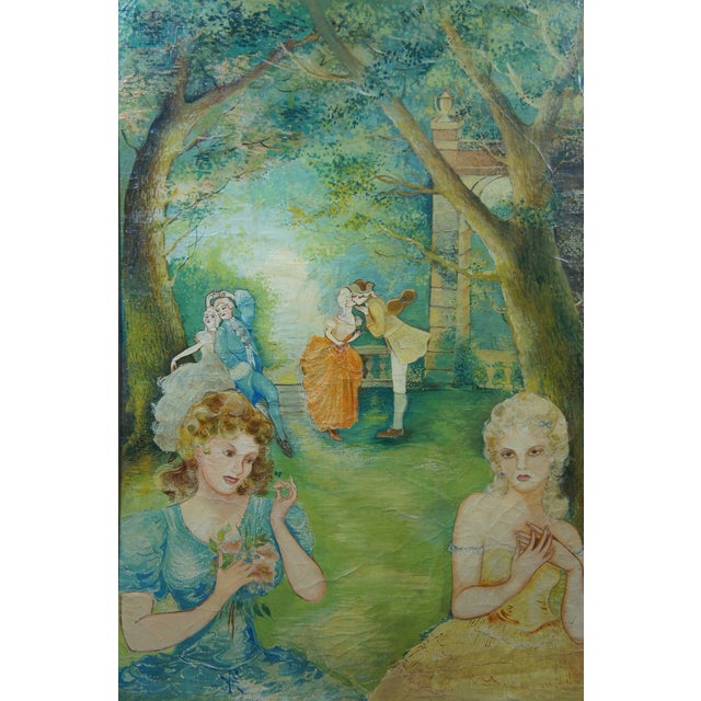 Green Mid 20th Century Vintage French Colonial Court Garden Party Scene Oil Paintings on Board, Framed - Set of 3 For Sale - Image 8 of 12