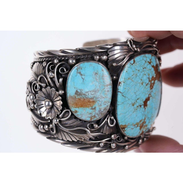 Native American Late 20th Century Huge Navajo Sterling and Turquoise cuff by Augustine Largo For Sale - Image 3 of 8