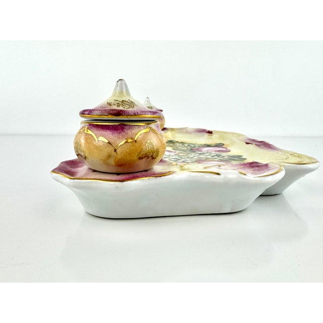 Ceramic Antique 1940's Hand Painted Duel Porcelain Ink Set- 3 Pieces For Sale - Image 7 of 12