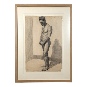 Antique 19th Century French Realist Male Nude Figurative Study, Framed (C. 1860, Charcoal on Toned Paper)
