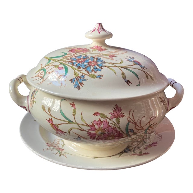 Antique French Ironstone Soup Tureen and Plater from Keller & Guerin Luneville, Set of 2 For Sale