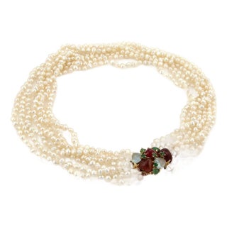 Mid 20th Century Pearls & Gems 14k Yellow Gold Multi Strand Necklace For Sale