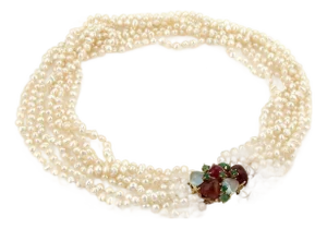 Mid 20th Century Pearls & Gems 14k Yellow Gold Multi Strand Necklace
