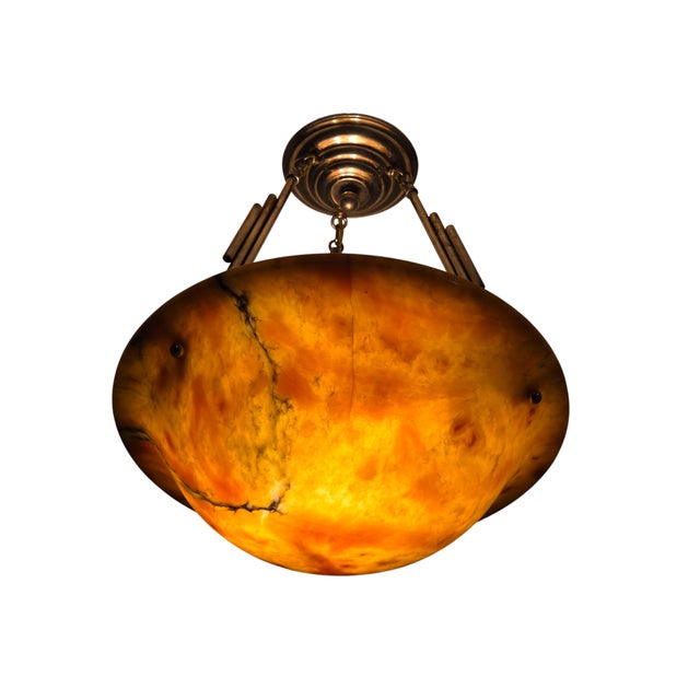 Early 20th Century Honey Amber Hand Carved Original Alabaster Bowl W/ Stepped Nickeled Bronze Stem For Sale - Image 15 of 17