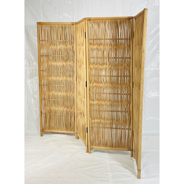 Brown Vintage Rattan Folding Screen Room Divider With Brass Hardware, Organic Modern For Sale - Image 8 of 18