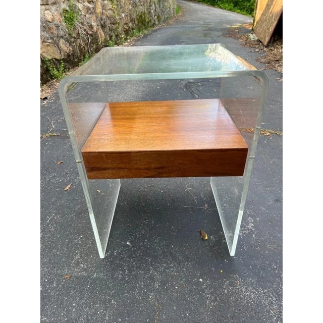 Modernist Pair Of Floating Wood And Waterfall Lucite Side Tables With One Drawer Designed By Vladimir Kagan In The 1970's.