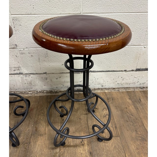 Wood Vintage Virginia House Oxblood Burgundy Vinyl Nailhead Swivel Backless Barstools For Sale - Image 7 of 15