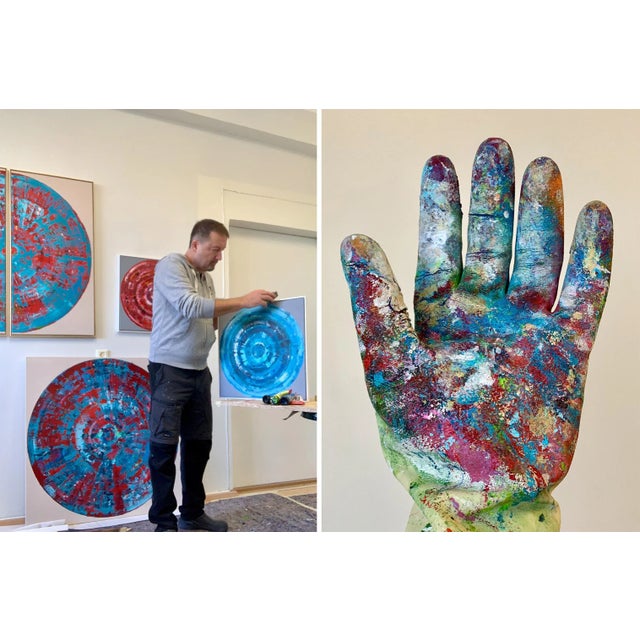 Cyan Red Circle Diptych, Contemporary Painting on Canvas, Framed For Sale - Image 12 of 12