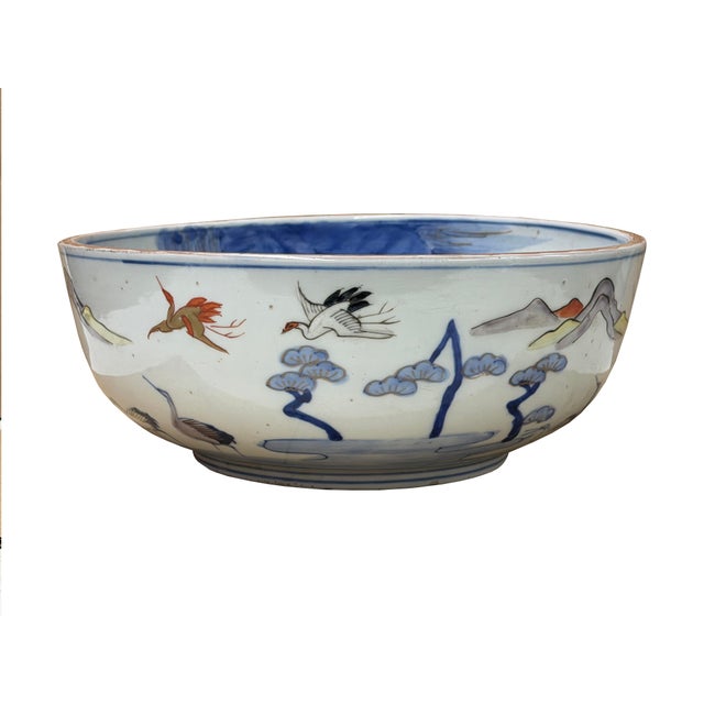 1970s 9.5" Asian Style Longevity Cranes Cloud Painted Porcelain Art Bowl For Sale - Image 5 of 14