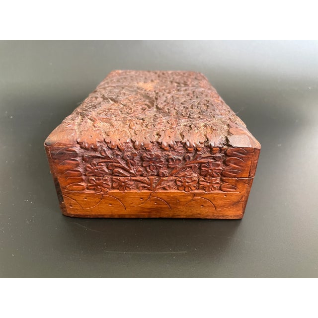 Antique Anglo-Indian Kashmir Walnut Wood Carving Floral Trinket - Jewelry Box For Sale - Image 4 of 13