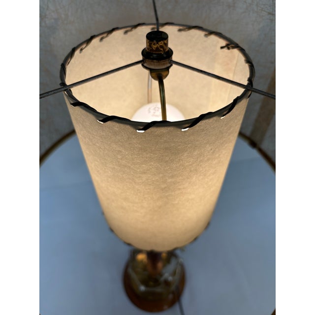 Mid Century Teak and Brass Table Lamp by Sunset Lamp Manufacturing With Double Shade and Maple