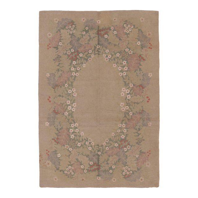 Antique 20th Century Hooked Rug in Taupe With Garden Wreath Design - Rug & Kilim For Sale