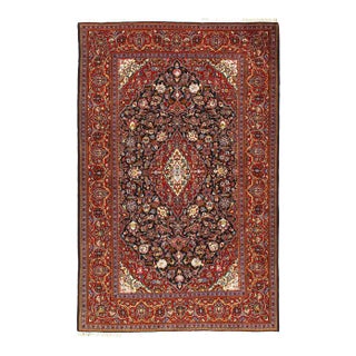 1980s Vintage Navy Blue Hand Knotted Persian Silk & Wool Kashan Rug 4'7'' X 7'1'' For Sale