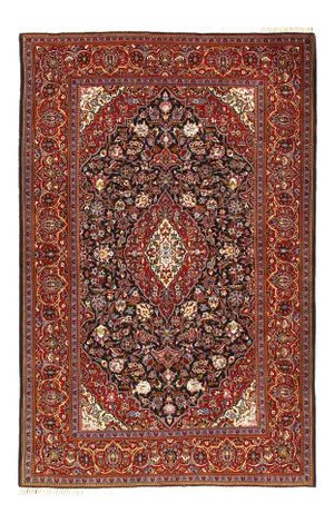 1980s Vintage Navy Blue Hand Knotted Persian Silk & Wool Kashan Rug 4'7'' X 7'1''