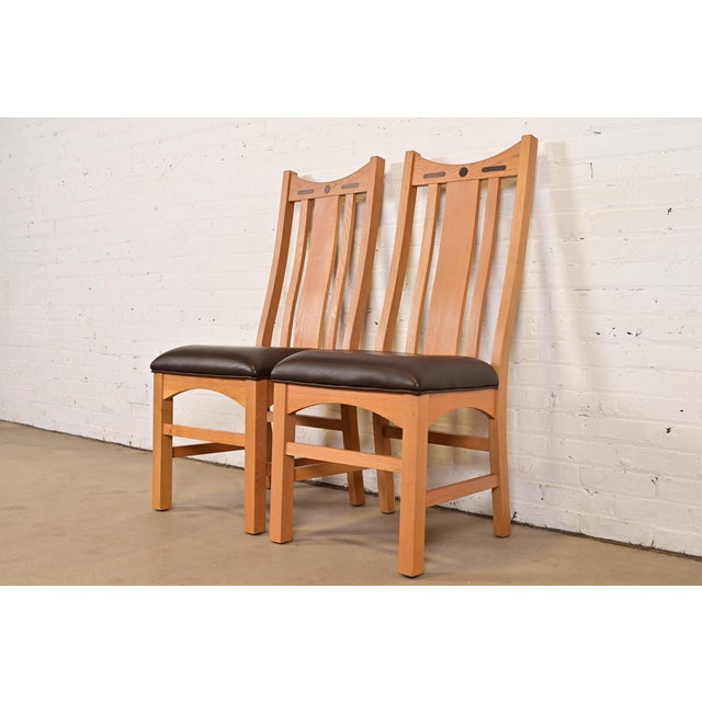 Mission Charles Rennie Mackintosh Style Arts & Crafts Inlaid Oak High Back Side Chairs or Dining Chairs, Pair For Sale - Image 3 of 12