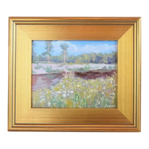 Sean Wu, Beautiful Lake Meadow Seascape Landscape Oil Painting Including the Antiqued Gold Wood Frame