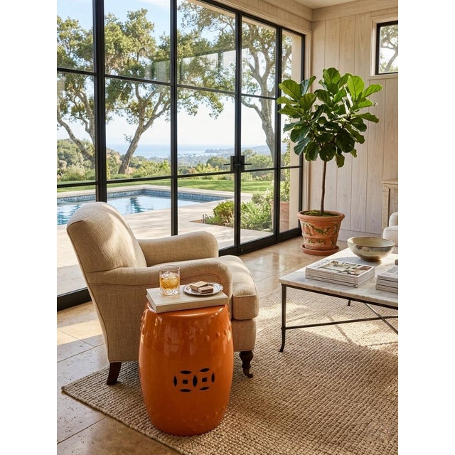 Tangerine Vintage Italian Ceramic Garden Stool - Tangerine Glaze For Sale - Image 8 of 10