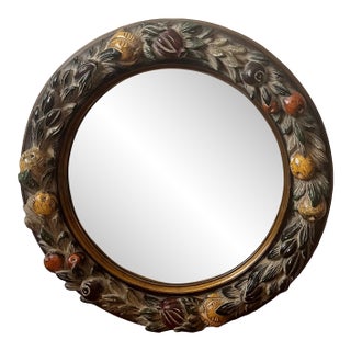Vintage La Barge Hand-Carved & Hand-Painted Italian Fruit Motif Beveled Round Wall Mirror, 30⅛" For Sale
