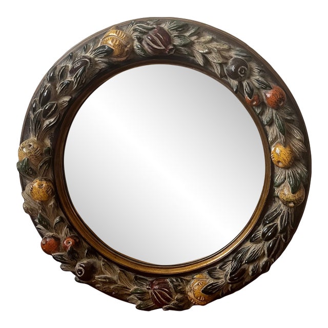 Vintage La Barge Hand-Carved & Hand-Painted Italian Fruit Motif Beveled Round Wall Mirror, 30⅛" For Sale