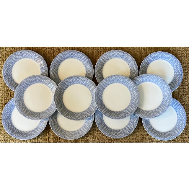 Mid 20th Century English Porcelain Blue and White Basketweave Plates for Salad, Cake or Hors d'Oeuvres - Set of 12 For Sale - Image 16 of 16