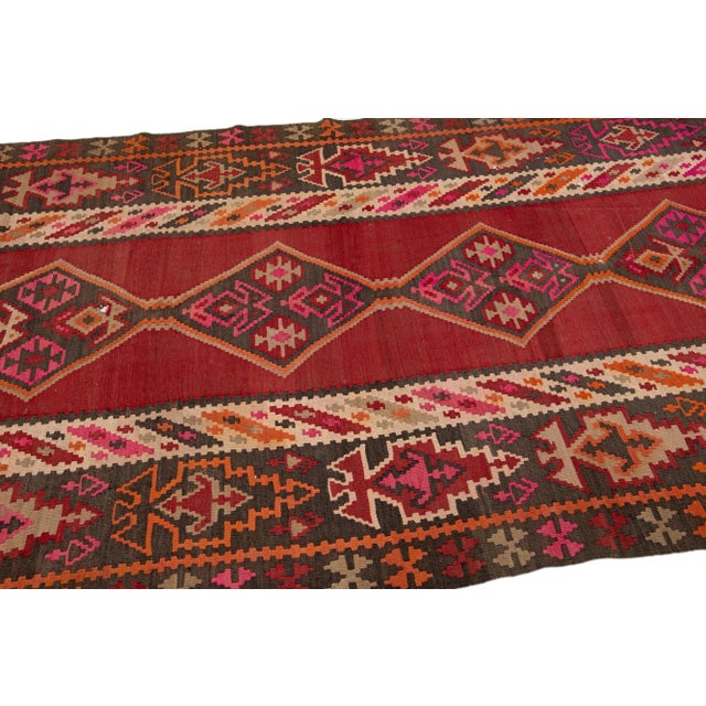 Red 1960s Vintage Turkish Kilim Red Handmade Tribal Wool Runner For Sale - Image 8 of 10