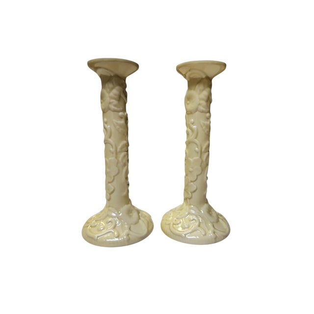Fine pair of mid century Portuguese Bordallo Pinheiro yellow cream candlesticks in excellent condition. Well detailed...
