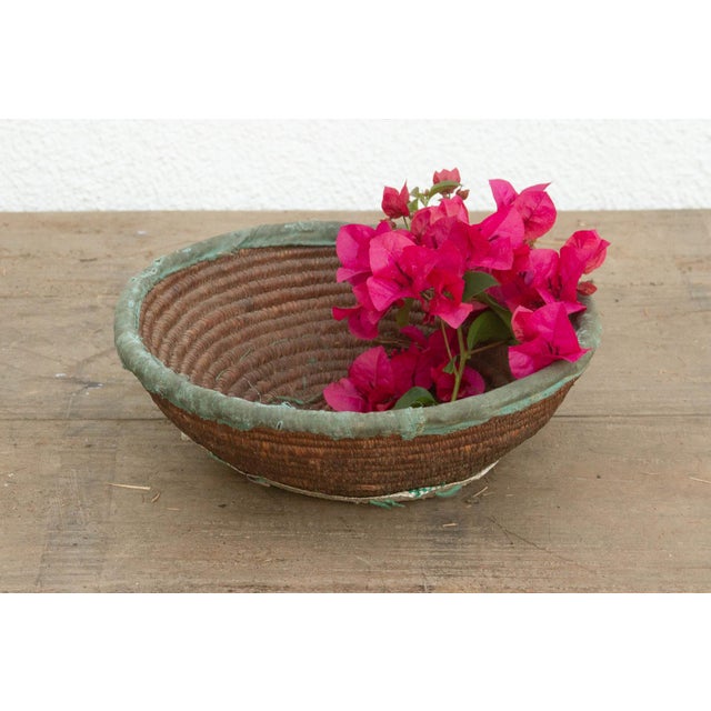 Wood Rustic Coiled Basket With Textile Rim For Sale - Image 7 of 7