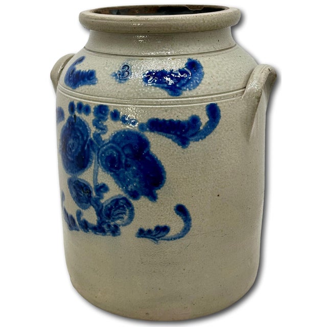 Ourtstanding Antique Large 3 Gallon Size American Blue Hand Decorated Stoneware Butter Churn - Circa 1870s For Sale - Image 4 of 18