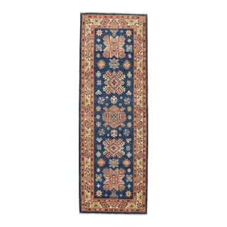 Kazak Runner 2’7” X 7’8” Blue Wool Tribal Hand-Knotted Oriental Rug For Sale