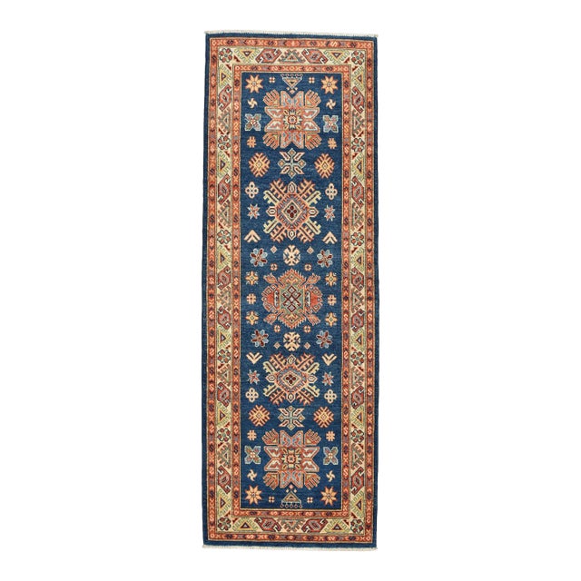 Kazak Runner 2’7” X 7’8” Blue Wool Tribal Hand-Knotted Oriental Rug For Sale