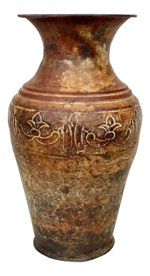 Vintage Victorian Tin Metal Etched Fleur De Lis Motif Flared Vessel Vase