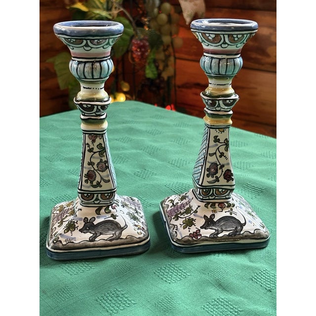 Vintage MCM Floral Hand Painted Portugal Candlesticks -Pair For Sale - Image 6 of 6