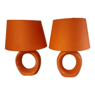 1970s Bright Orange Modern Circular Glazed Ceramic Lamps With Shades- a Pair For Sale