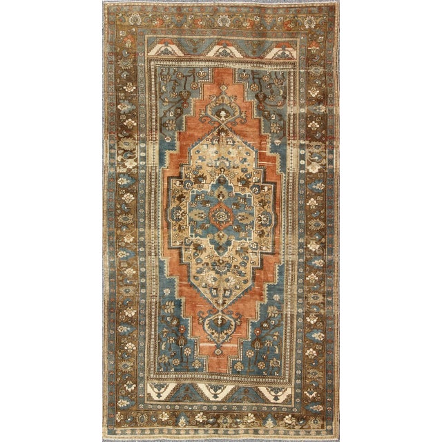 Antique Turkish Colorful Oushak Gallery Rug in Blue Brown & Terra-Cotta For Sale - Image 9 of 9