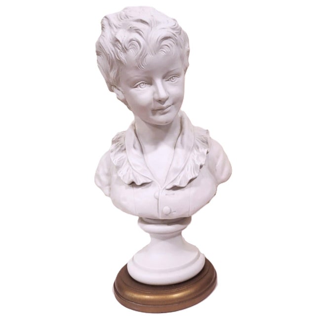 Pair Antique French Belle Epoque White Bisque Porcelain Boy & Girl Bust as Lamps For Sale - Image 4 of 9