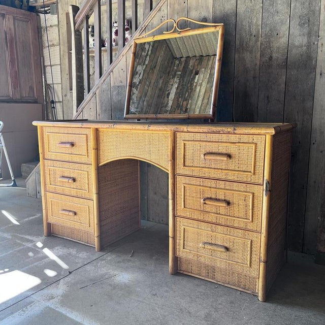 Cane and Bamboo Dressing Table with Tilting Mirror For Sale - Image 3 of 8