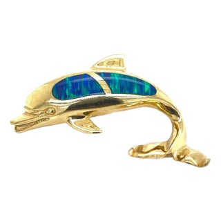 Late 20th Century 15703 - Opal Inlay Dolphin 14k Yellow Gold Charm Pendant For Sale