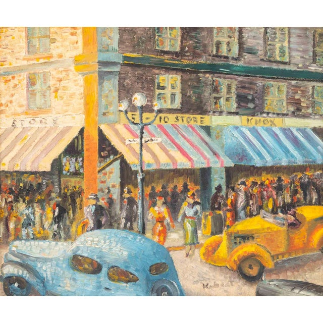 20th Century School, Corner Store Street Scene, Oil on Masonite, signed "Kubert" lower right, giltwood frame. Image: 19" H...