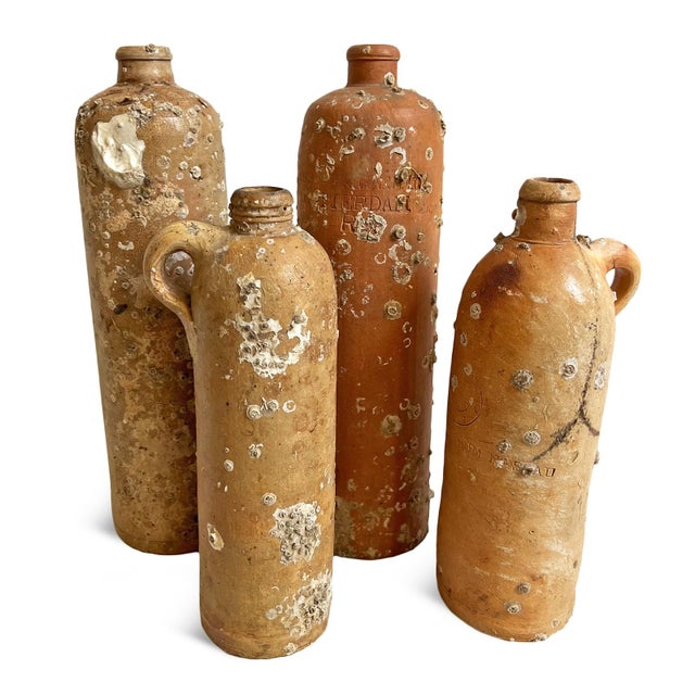 Set of four antique German and Dutch Herzogthum Nassau Selters earthware bottles. Circa 1800. Recovered from shipwreck off...