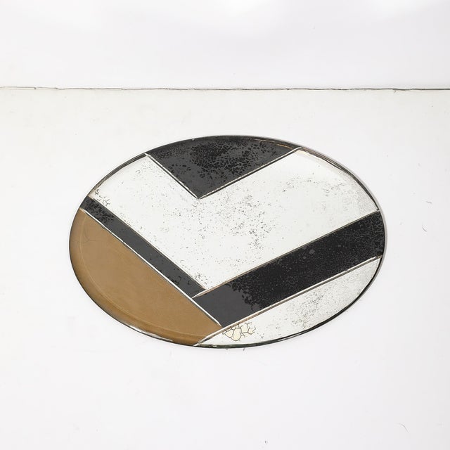 Art Deco Oval Geometric Eglomise Tray W/ Reversed Etched & Antique Mirror Detail For Sale - Image 11 of 13