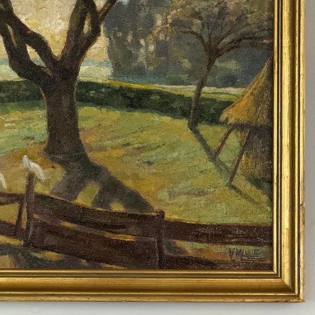 Framed Oil Painting on Canvas by Victor Mullie 'Farmyard Beneath the Trees' For Sale - Image 9 of 16