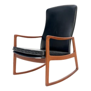 Danish Mid-Century Modern Teak Leather Upholstery Lounge Rocking Chair