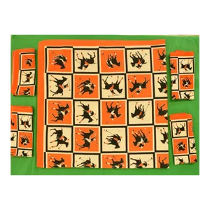 Mid 20th Century Orange & Black Checked Polo Player Table Cloth W/ 4 Matching Napkins