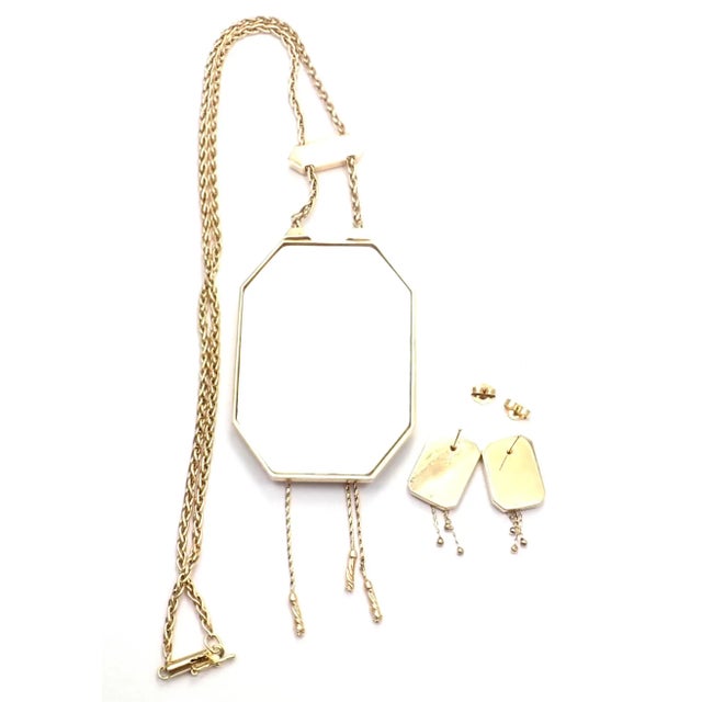 1970s Erté Folies Diamond Onyx Mother of Pearl Yellow Gold Necklace and Earrings Set, 3 Pieces For Sale - Image 9 of 10