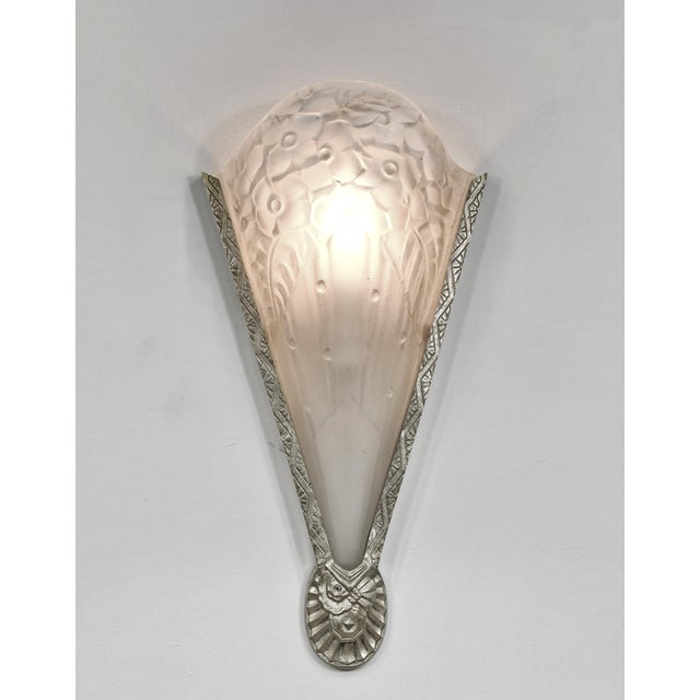 Metal French Art Deco Ejg Floral Slip Shades Wall Sconces 1930s - A Pair For Sale - Image 7 of 12