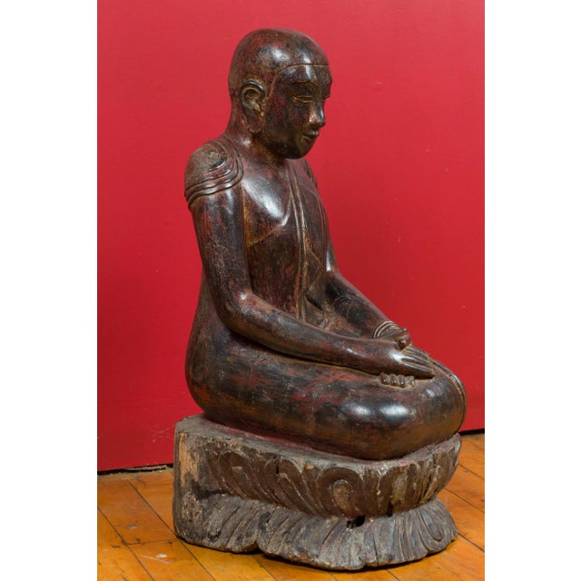 18th Century Thai Hand Carved Lacquered Wood Sculpture of a Seated Monk For Sale - Image 12 of 13