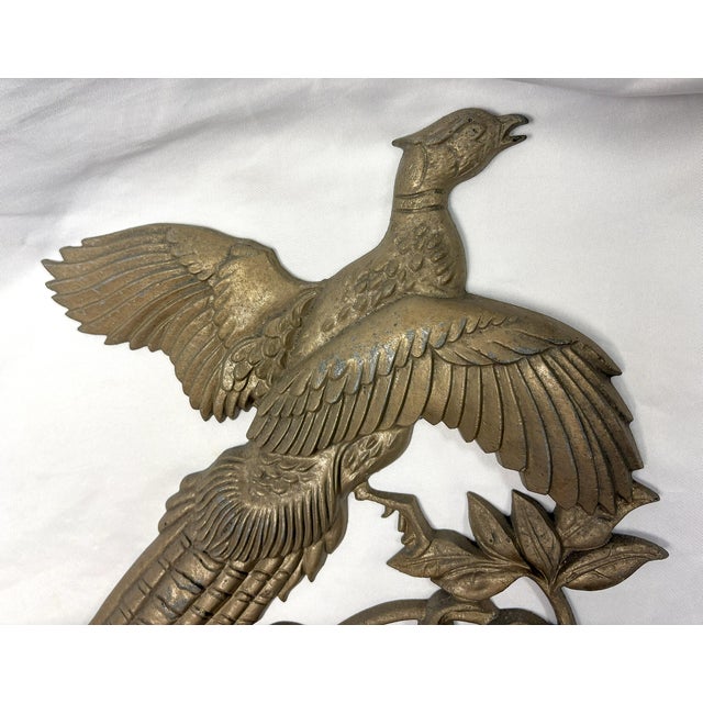 Rustic Mid Century Cast Aluminum Goldtone Flying Pheasant Wall Sculpture For Sale - Image 3 of 9