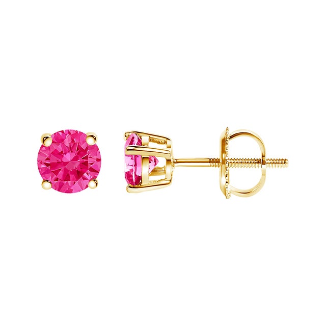 Contemporary 14K Yellow Gold 1.00 Cttw Round Brilliant Cut Lab Grown Pink Diamond 4-Prong Classic Solitaire Earrings (Pink Color, VVS2-VS1 Clarity) For Sale - Image 3 of 6