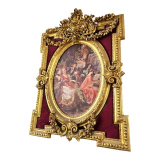 French Baroque Wall Art With Gold Leaf Frame & Burgundy Velvet – Victorian Musical Scene For Sale